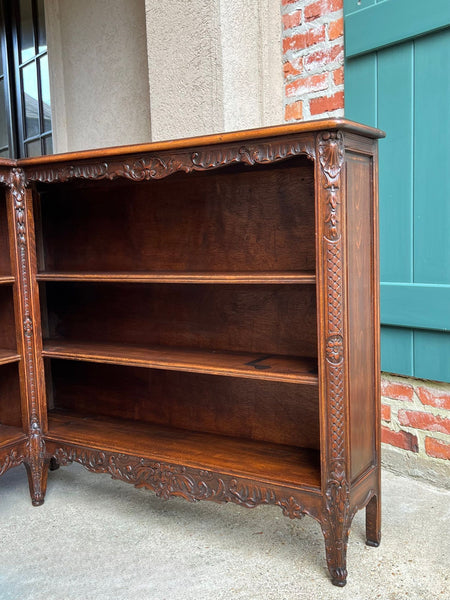 Antique French Corner Bookcase Carved Oak Louis XV Revival Open Shelves c1920