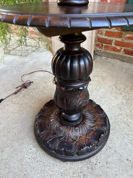 Antique English Carved Oak Floor Lamp OPEN Barley Twist w Round End Table c1920