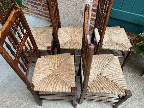 Set 5 Vintage English Oak Dining Side Chairs Rush Seat Lancashire Spindle Back