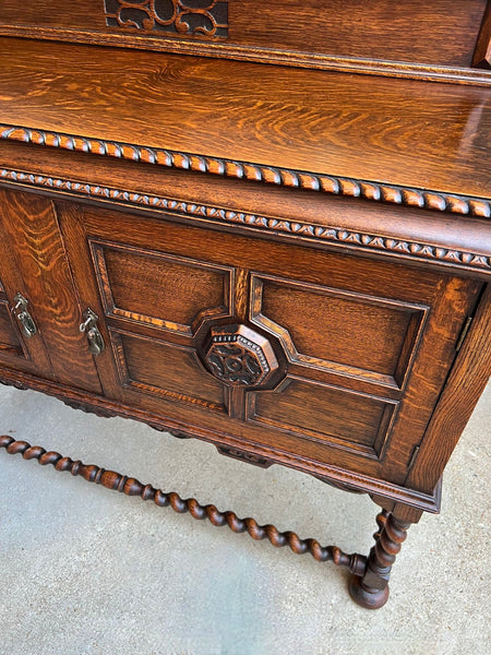 Antique English Sideboard Server Buffet BARLEY TWIST Carved Tiger Oak Jacobean