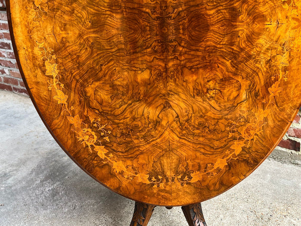 Antique English Center Breakfast Table Burl Walnut Tilt Top Inlaid Oval c1890