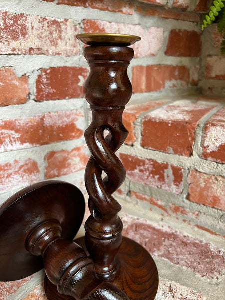 PAIR Set Antique English Oak OPEN Barley Twist Candlesticks Candle Holder Brass