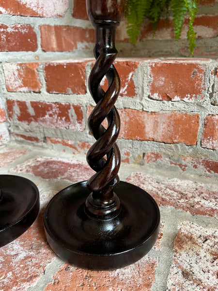 PAIR Set Antique English Oak OPEN Barley Twist Candlesticks Candle Holder Brass