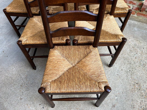 Vintage English Dining Chairs Set 6 Oak Ladder Back Rush Seat Woven