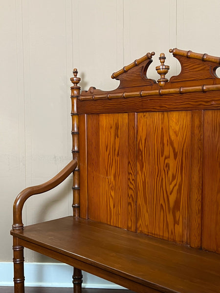 Antique English Faux Bamboo Pine Hall Bench Victorian High Back Settle c1890