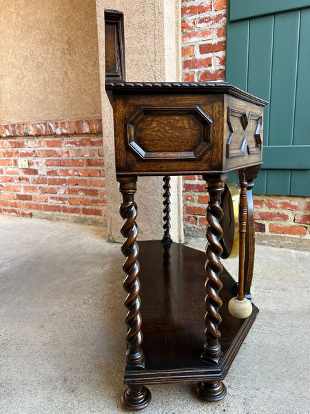 Antique English Console Hall Table Jacobean Carved Oak Barley Twist Gong c1880