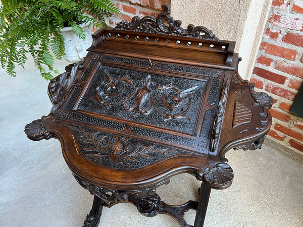 Antique French Writing Desk Secretary Black Forest Carved Oak Renaissance c1890