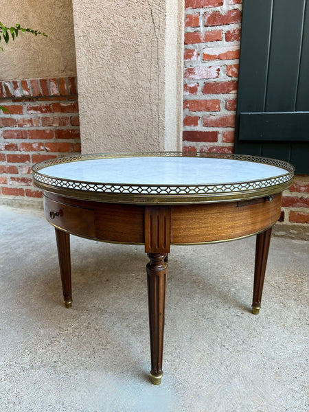 Antique French Round Bouillotte Side Table White Marble Louis XVI Style Gueridon