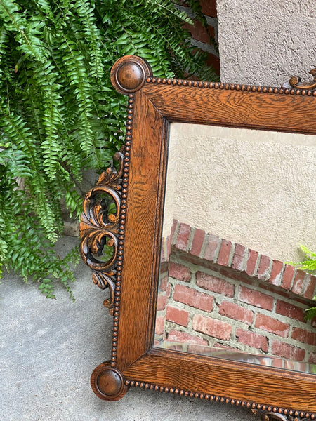 Antique English Beveled Wall Mirror Carved Oak Frame Jacobean Arts & Crafts