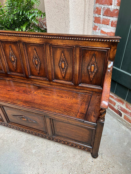 Antique English Hall Bench Carved Oak Barley Twist Jacobean Lift Top Settee