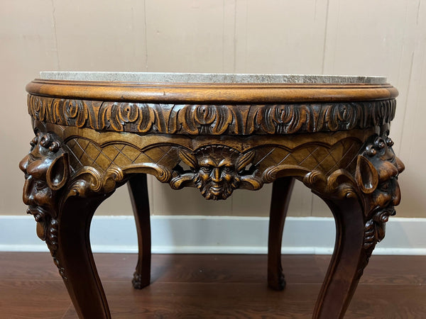 Antique French Renaissance Revival Center Table Round Marble Carved Walnut c1900