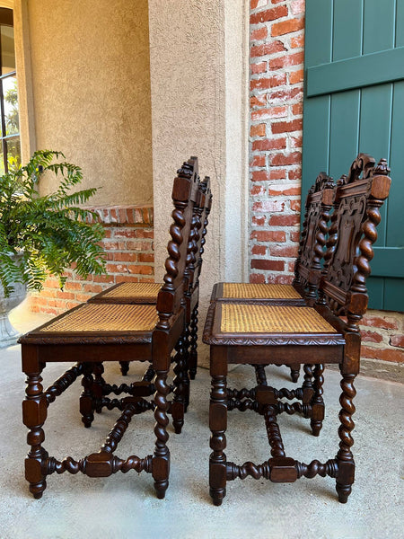 Set 4 Antique French Dining Chairs Barley Twist Cane Seat Carved Oak c1920