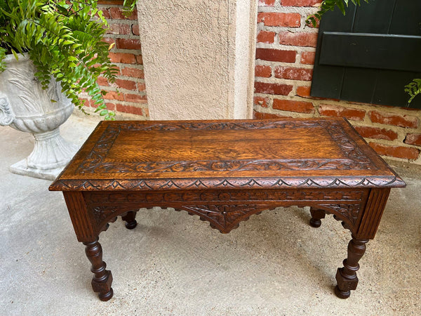 Antique French Bench Stool Gothic Renaissance Coffee Table Carved Oak c1890