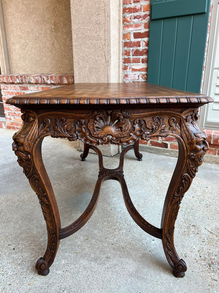 Antique French Center Library Table Louis XV Carved Oak Rococo Parquetry c1890