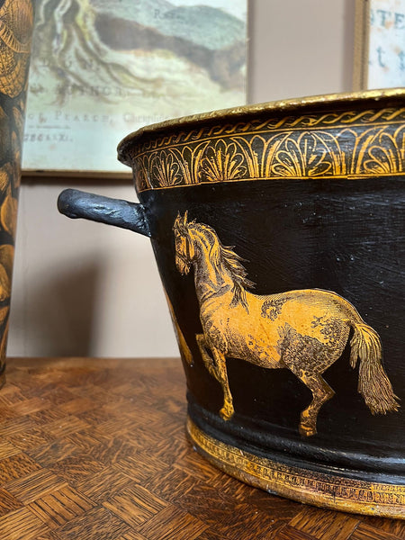 Antique English Planter Jardiniere Horse Equine Black Decoupage Tole Metal c1900
