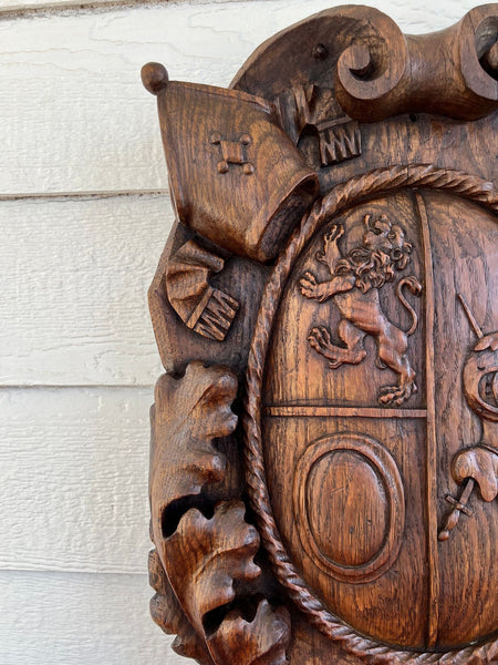 Antique French Gothic Wall Plaque Coat of Arms Carved Oak Renaissance c1890