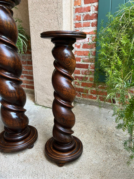 PAIR Set of 2 Antique French Pedestal Stand BARLEY TWIST Oak LARGE Plant Columns