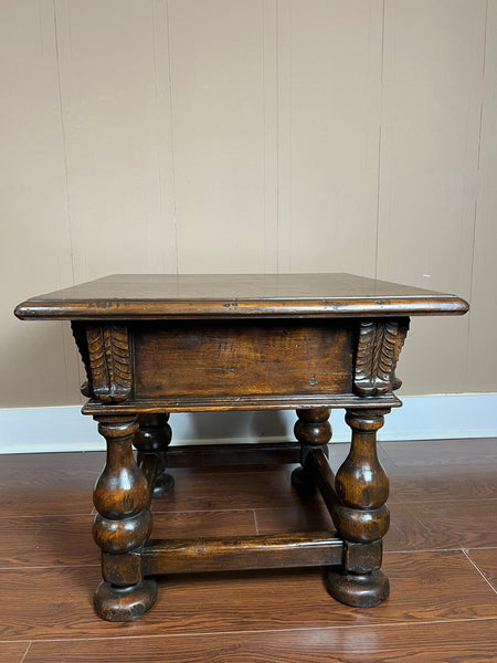 Antique English Side End Table Small Square Carved Oak Jacobean Revival c1910
