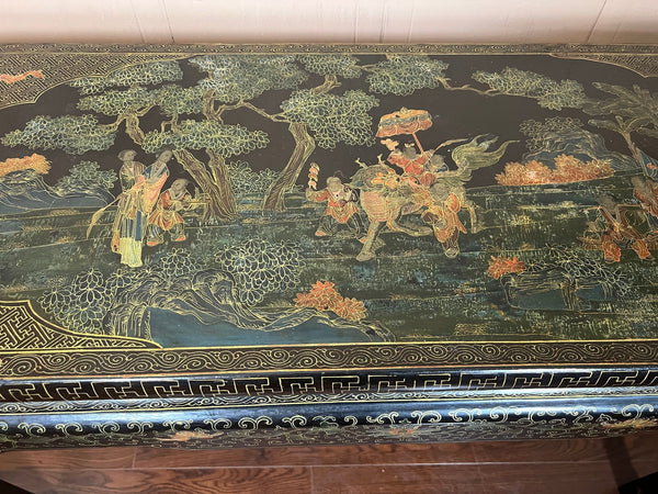 Vintage Chinese Console Table Black Lacquer Chinoiserie Gilt Hand Painted c1950
