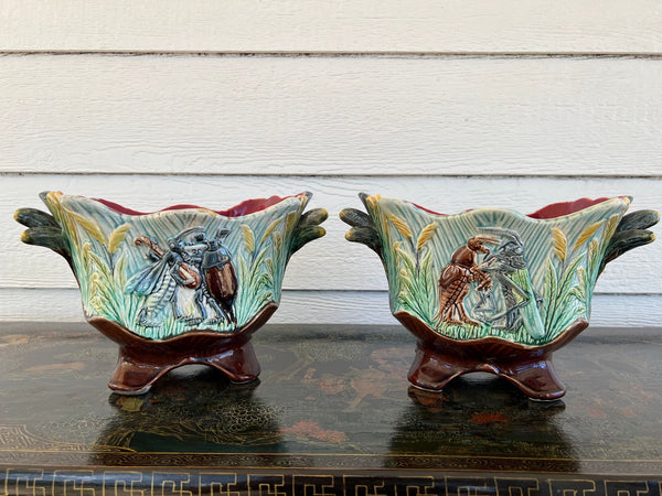 PAIR Antique French Majolica Jardinières Insect Musician Cache Pot Planter c1880