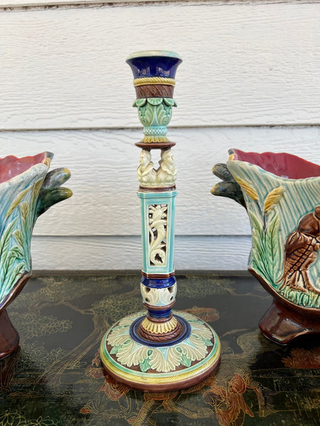 Antique English Wedgwood Majolica Candlestick Candle Holder Cinque Cento c1876
