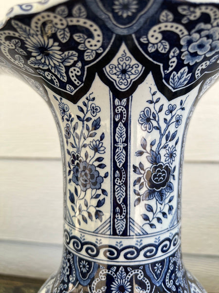 Vintage Large Delft Trumpet Vase Blue and White Floral Boch Royal Sphinx Urn