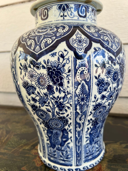 Vintage Large Delft Ginger Jar Vase Blue & White Floral Royal Sphinx Lidded Urn