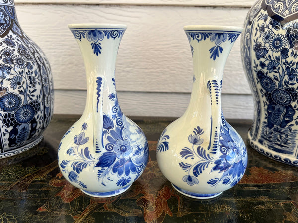 PAIR Petite Vintage Delft Vases Blue & White Windmilll Hand Painted Bud Vases