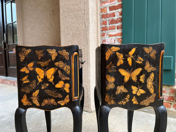 PAIR French Bedside Cabinets Chinoiserie Butterfly Gilt Lacquer Tables