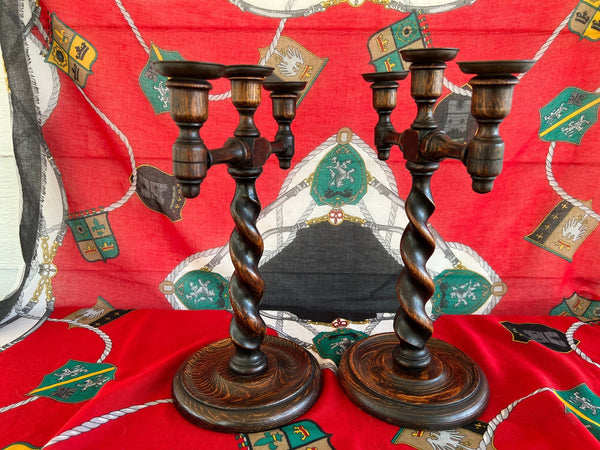 PAIR Antique English Oak Barley Twist Candlesticks Candelabras Candle Holders