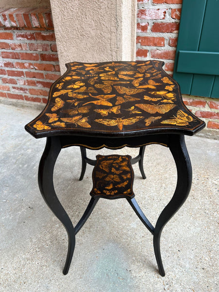 Vintage French Side Table Chinoiserie Butterfly Black Lacquer Hollywood Regency