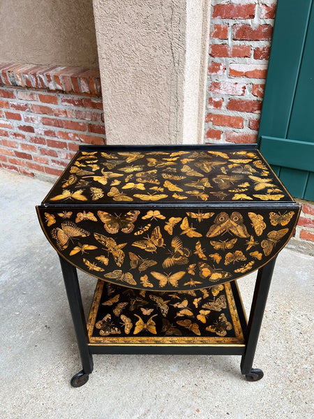 Vintage English Bar Cart Trolley Drop Leaf Chinoiserie Butterfly Lacquer Table