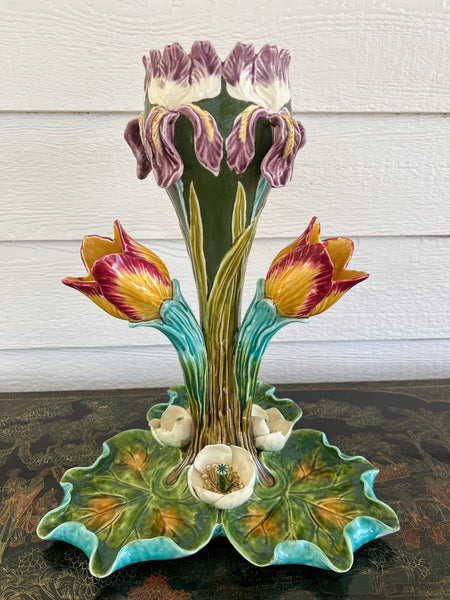Antique French Majolica Vase Centerpiece Onnaing Art Nouveau Iris Tulip c1900
