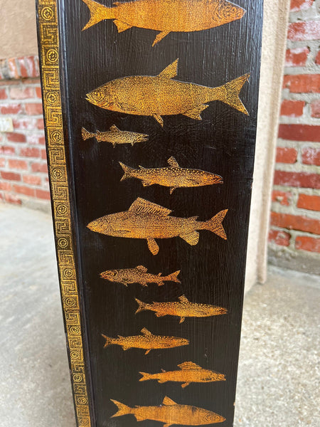 English Boat Form Etagere Black Lacquer Fish Decoupage Collection Bookshelf