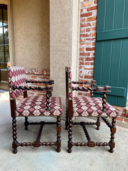 Pair SET Antique French Arm Chair Barley Twist Oak Renaissance Lion Fleur De Lis