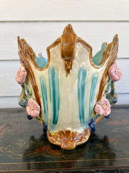 Antique French Majolica Jardinière Planter Peacock Onnaing Large Cache Pot c1880