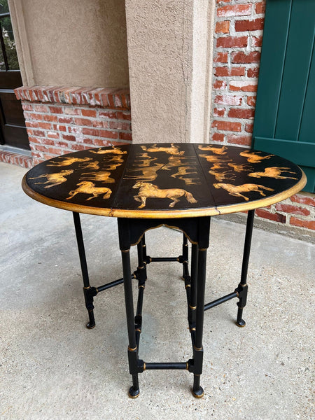 Antique English Drop Leaf Side Table Horse Equestrian Chinoiserie Petite Oak