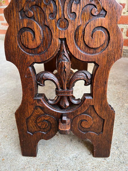 Antique French Bench Stool Gothic Renaissance Carved Oak Trestle Fleur de lis