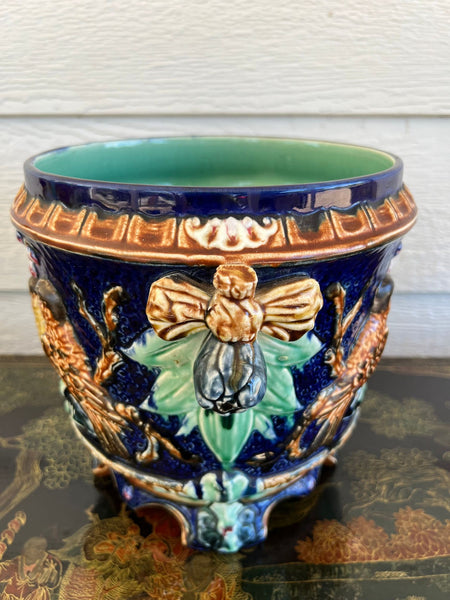 Antique Majolica Bird Planter Cache Pot Jardinière Cobalt Blue Wasmuël c1890
