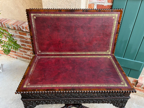 Antique Foyer Hall Table British Colonial Carved Wood Leather Flip Top Burmese