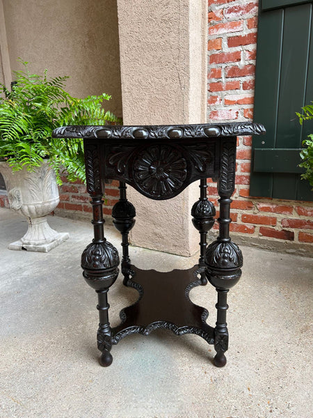 Antique English Side Sofa Table Ebonized Carved Oak Baroque Two Tier Tudor