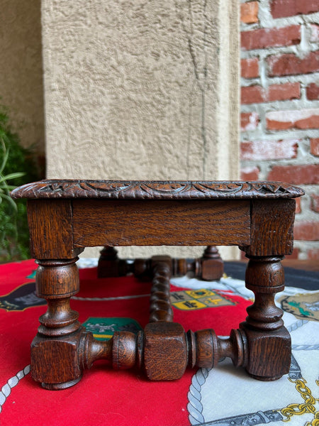 Antique English Kettle Stand Footstool Barley Twist Carved Oak Display Stool
