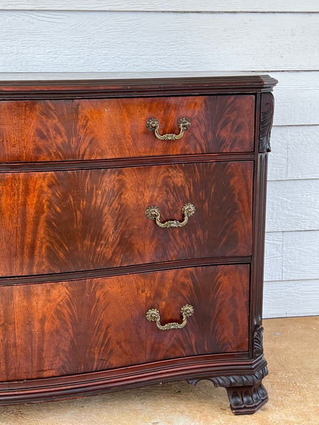 Antique Georgian Revival Chest of Drawers Flame Mahogany Serpentine Carved c1940
