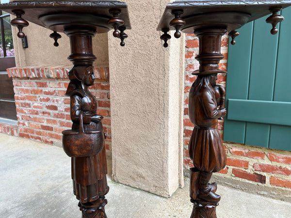 Antique French Breton Pedestal Stands PAIR Carved Figural Display Brittany c1900