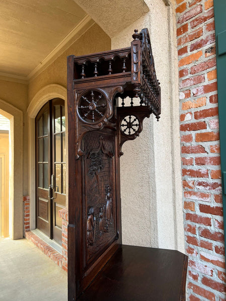 Antique French Breton Hall Cabinet Tall Narrow Carved Crown Bookcase c1880