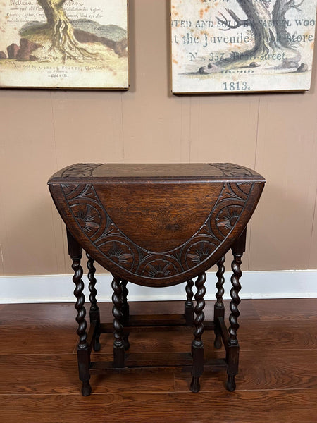 PETITE Antique English Side Sofa Table Barley Twist Drop Leaf Gateleg Carved Oak