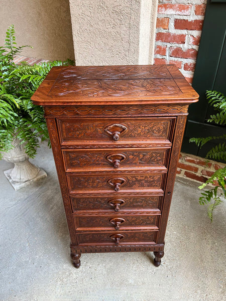 Antique English Victorian Wellington Chest of Drawers Campaign Carved Oak