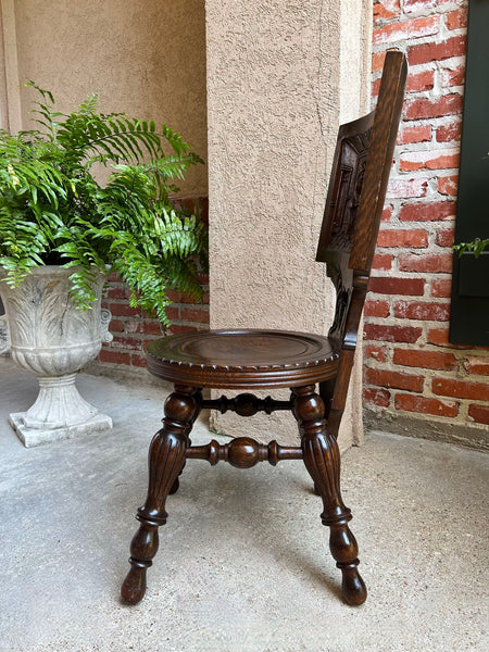 Antique English Pub Chair Fireplace Hearth Carved Tiger Oak Breton Brittany