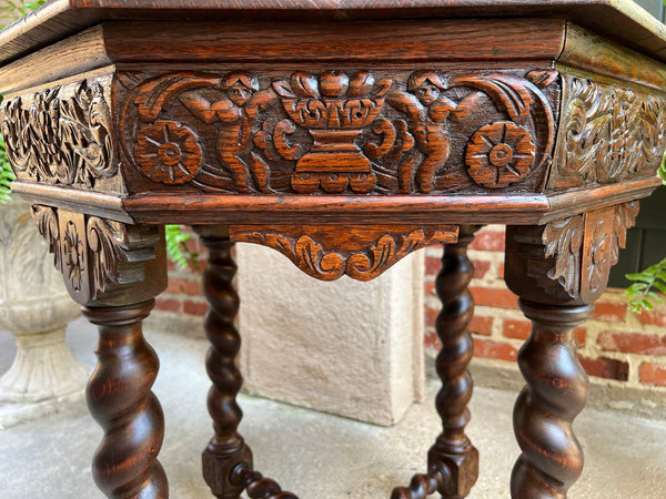 Antique French Octagon Sofa Table Carved Oak Barley Twist Louis XIII Renaissance