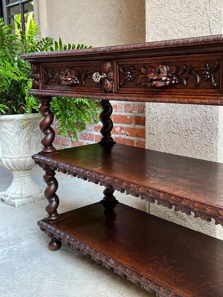 Antique French Carved Oak Server Sideboard Barley Twist Renaissance Bookshelf